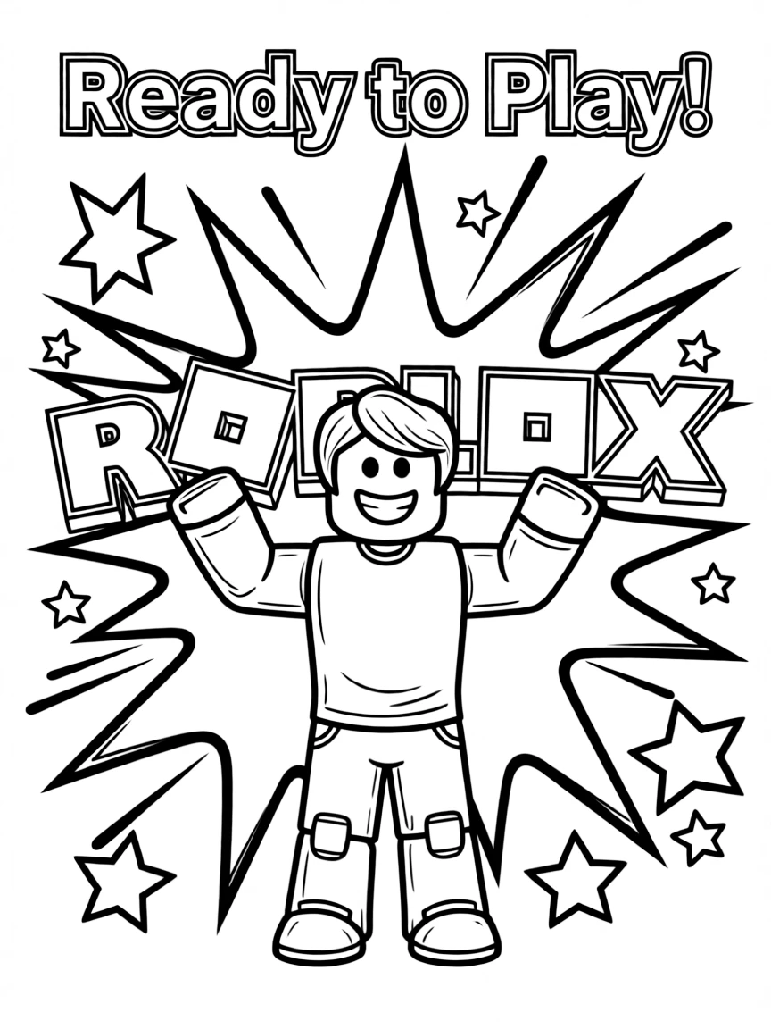 Roblox standing proudly in front of their iconic logo with stars and comic-style effects around.