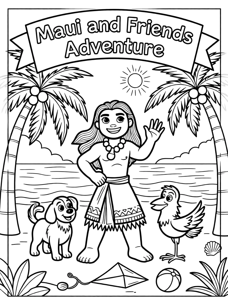 Maui smiling and posing with their sidekicks, surrounded by trees, toys, or fun backgrounds.