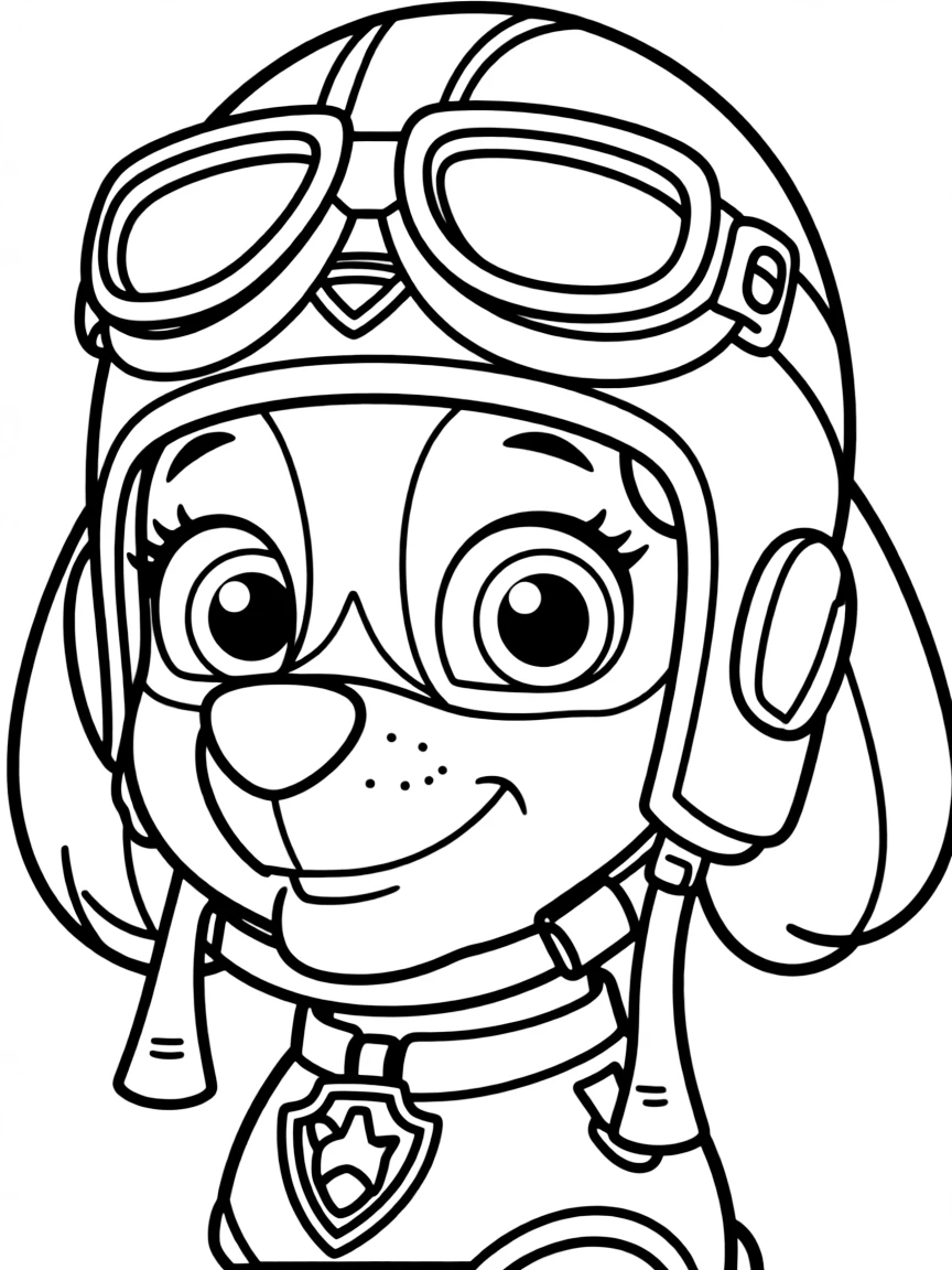 A close-up of Skye's face in bold lines with expressive eyes and detailed costume elements.