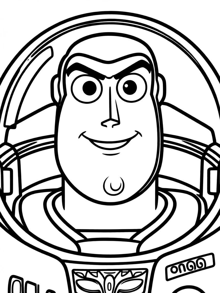 A close-up of Buzz Lightyear's face in bold lines with expressive eyes and detailed costume elements.