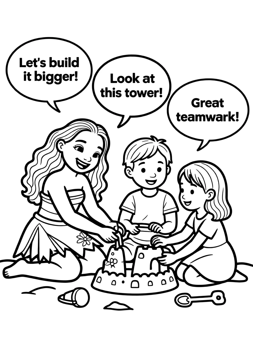 A cartoon-style drawing of Moana helping friends, with speech bubbles and cheerful faces.
