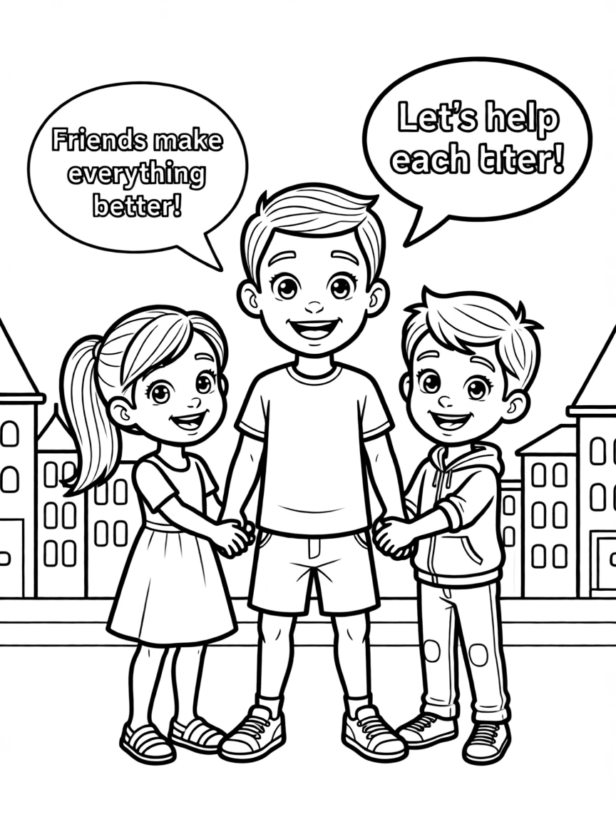 A cartoon-style drawing of Zootopia helping friends, with speech bubbles and cheerful faces.