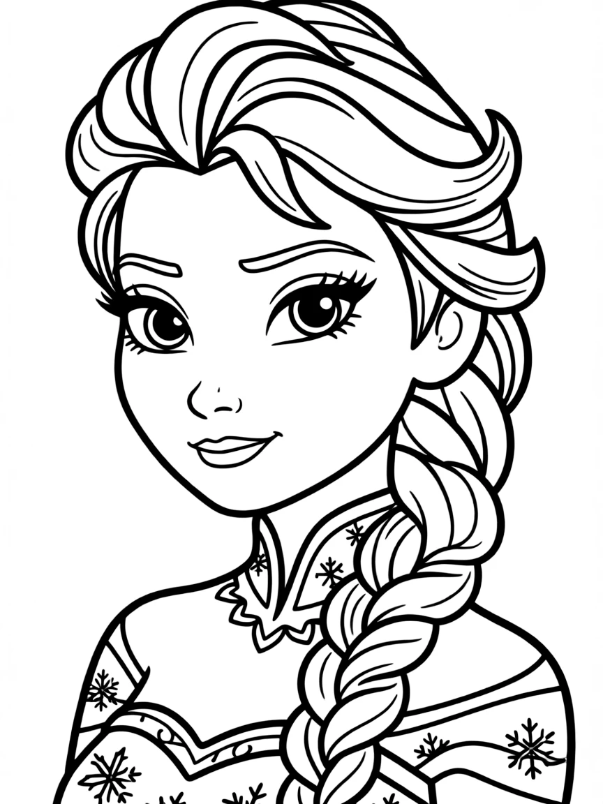 A close-up of Frozen's face in bold lines with expressive eyes and detailed costume elements.