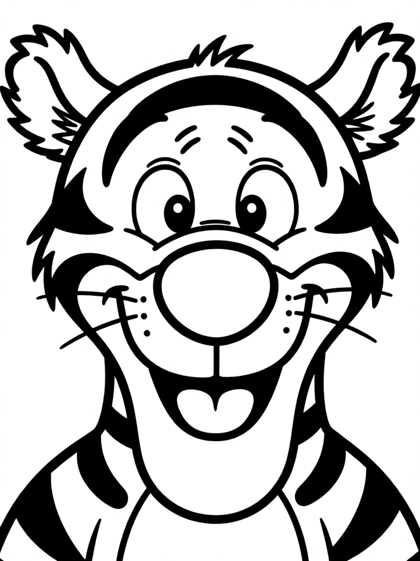A close-up of Tigger's face in bold lines with expressive eyes and detailed costume elements.