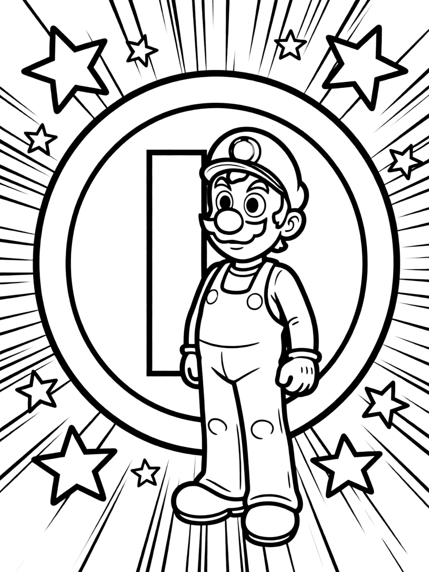Luigi standing proudly in front of their iconic logo with stars and comic-style effects around.