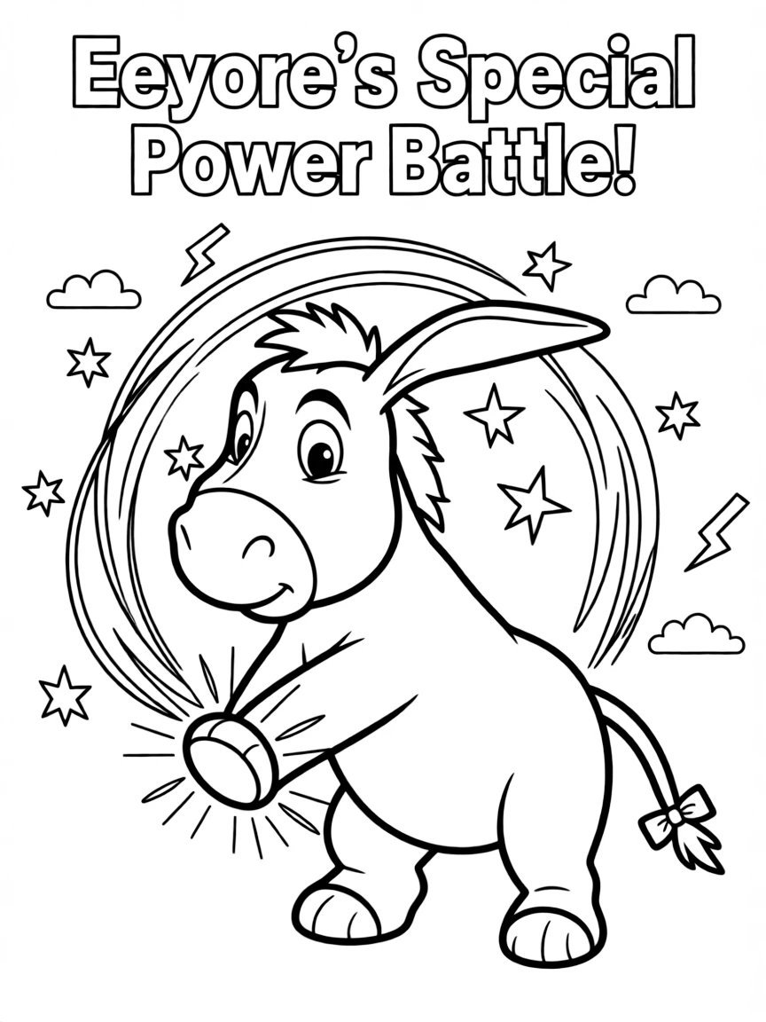 An action-packed scene of Eeyore using their special powers in a dramatic battle pose.