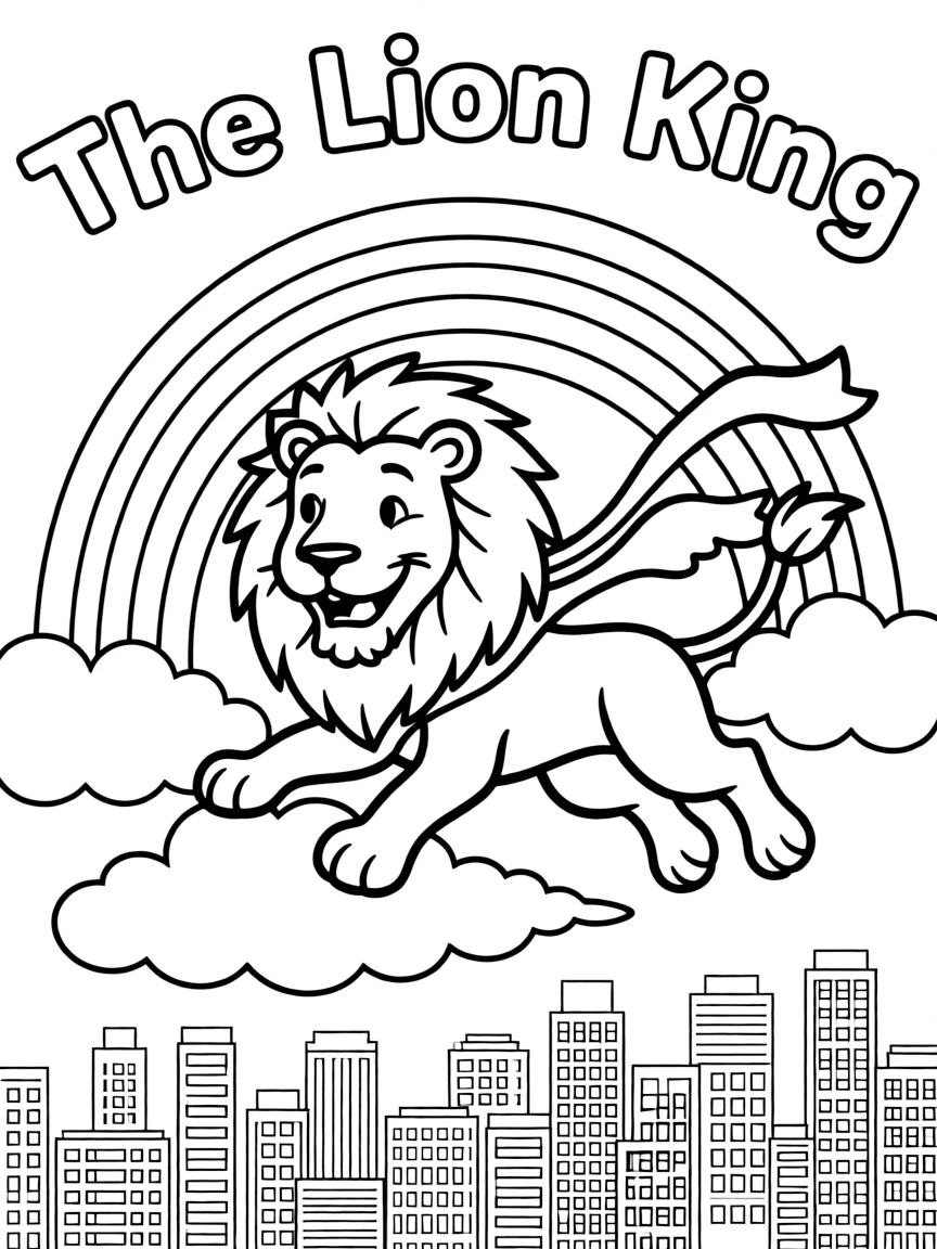 The Lion King flying through the clouds with a rainbow behind and city skyline below.