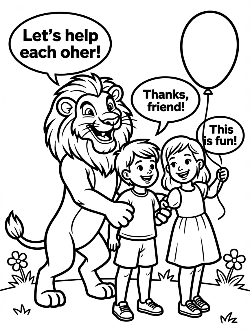 A cartoon-style drawing of The Lion King helping friends, with speech bubbles and cheerful faces.