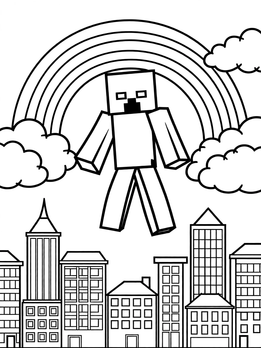 Enderman flying through the clouds with a rainbow behind and city skyline below.