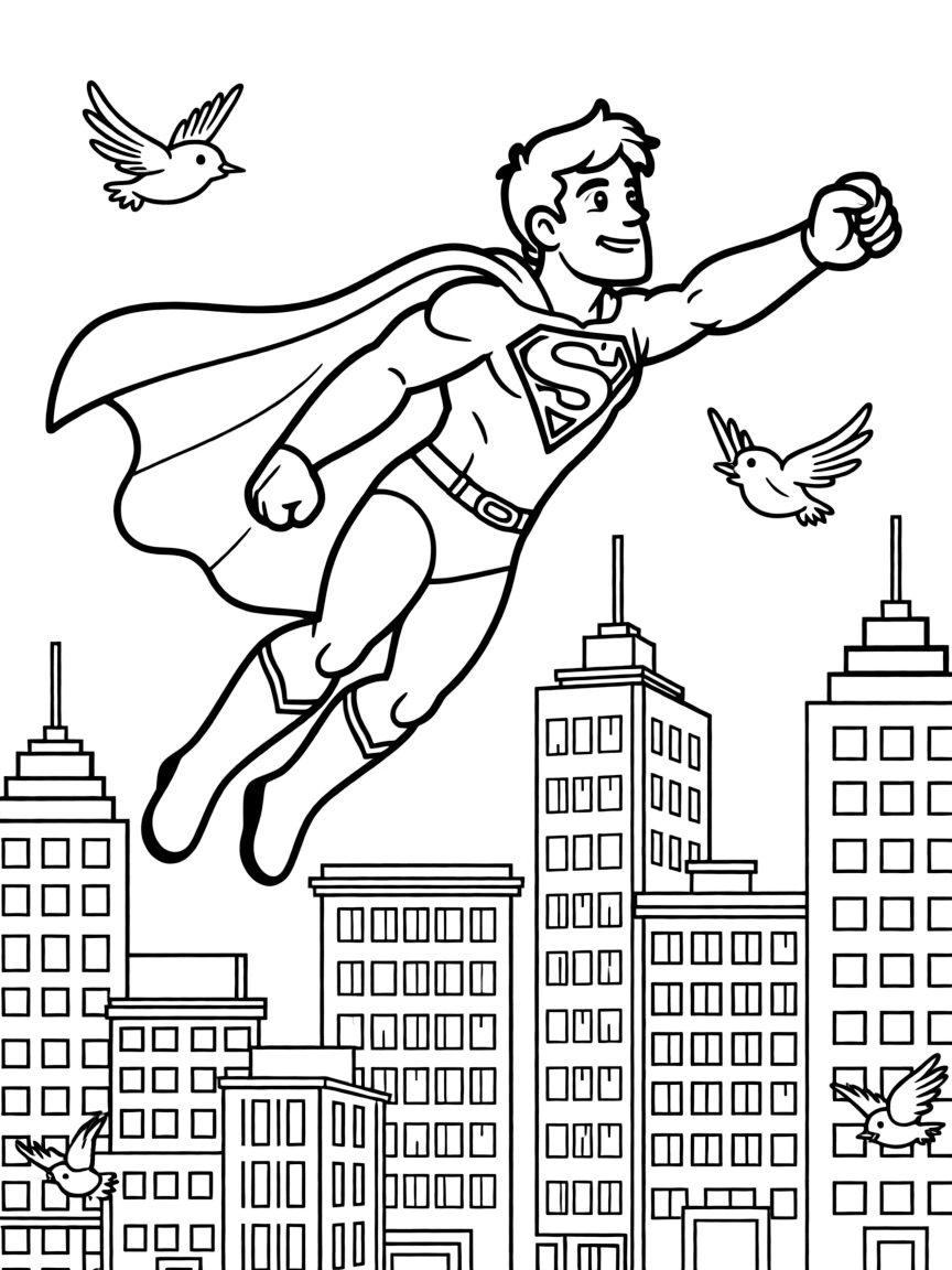 A fun and detailed coloring page of Superman swinging through a city full of tall buildings and birds.