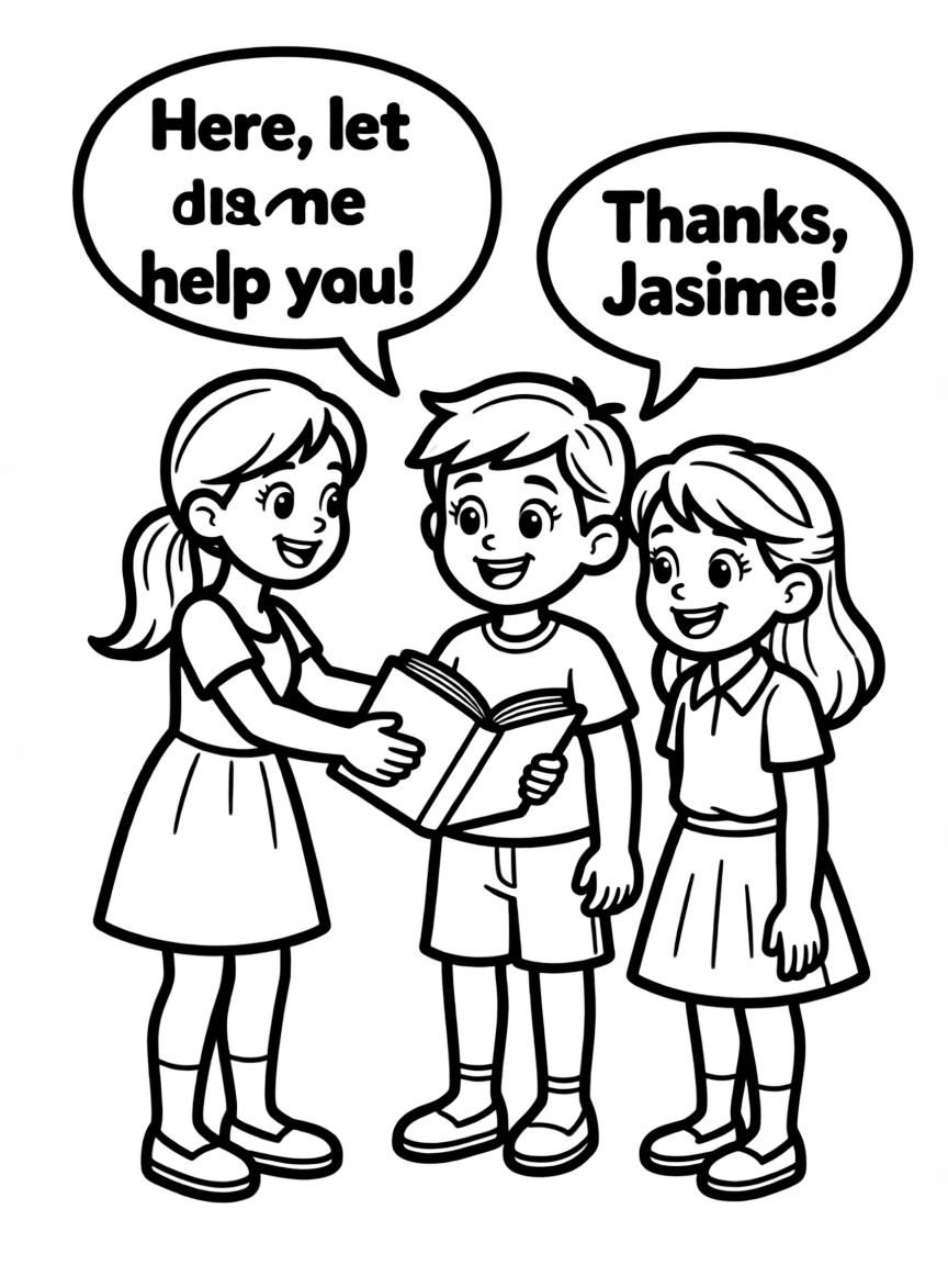 A cartoon-style drawing of Jasmine helping friends, with speech bubbles and cheerful faces.