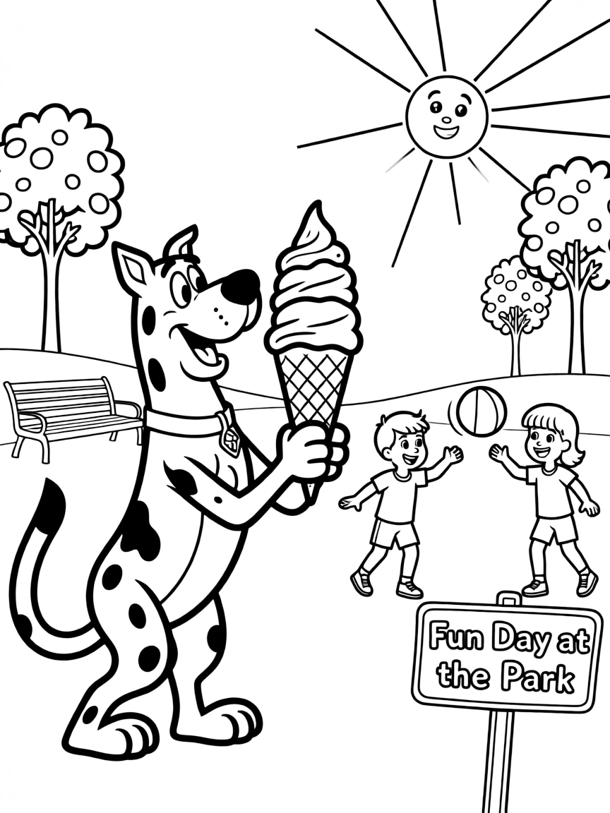 Scooby-Doo enjoying a day off, eating ice cream or playing with friends in a park setting.