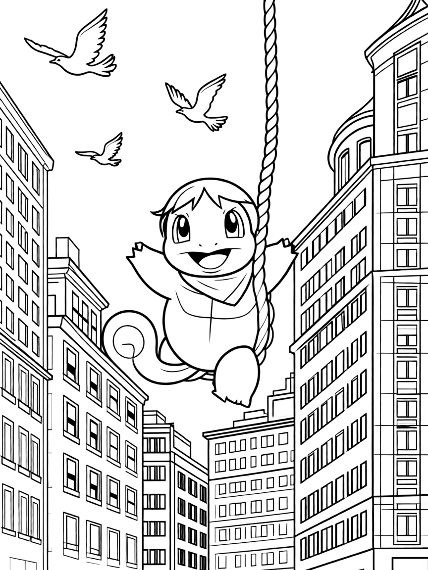 A fun and detailed coloring page of Squirtle swinging through a city full of tall buildings and birds.