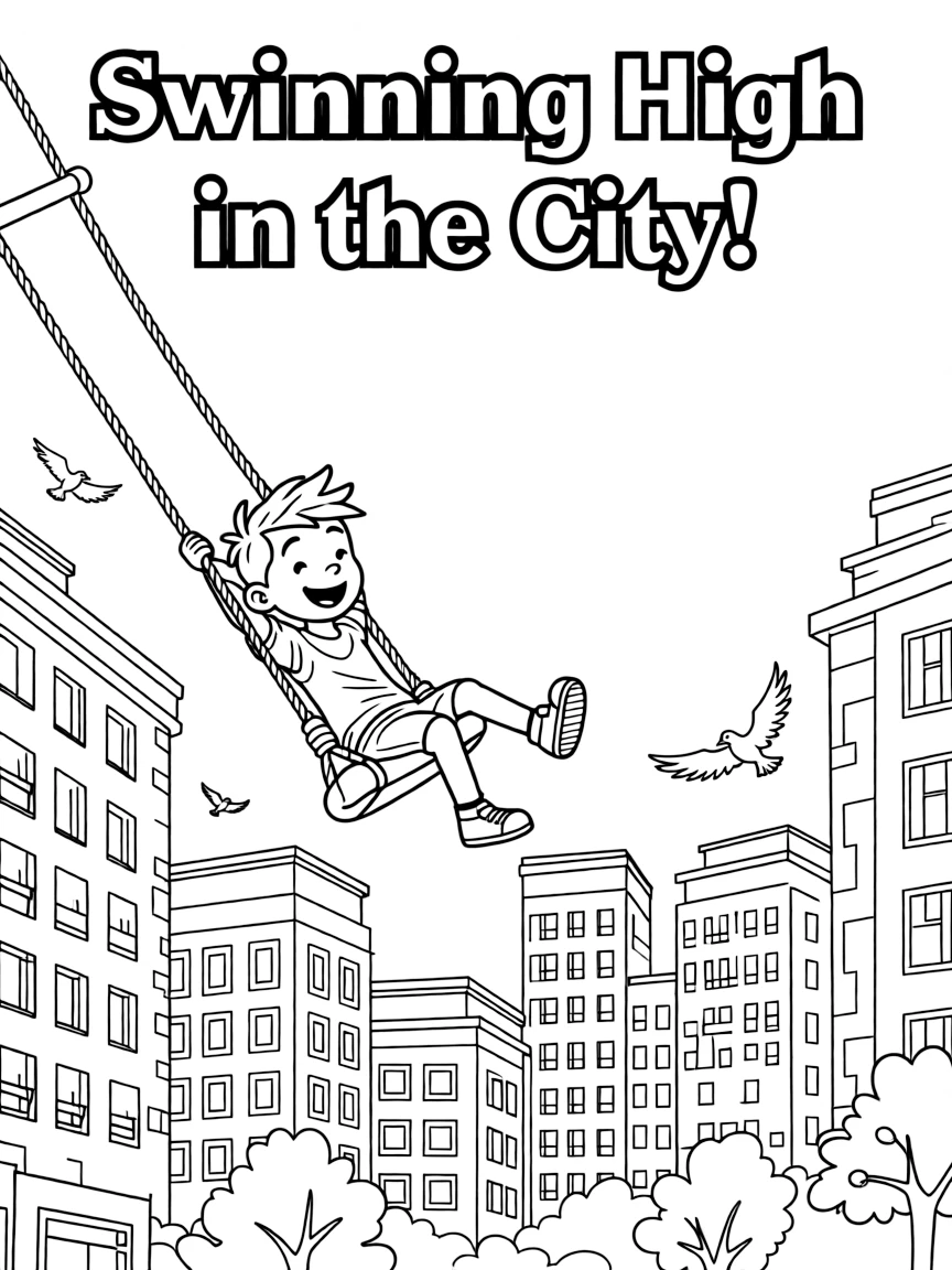 A fun and detailed coloring page of Bruno swinging through a city full of tall buildings and birds.