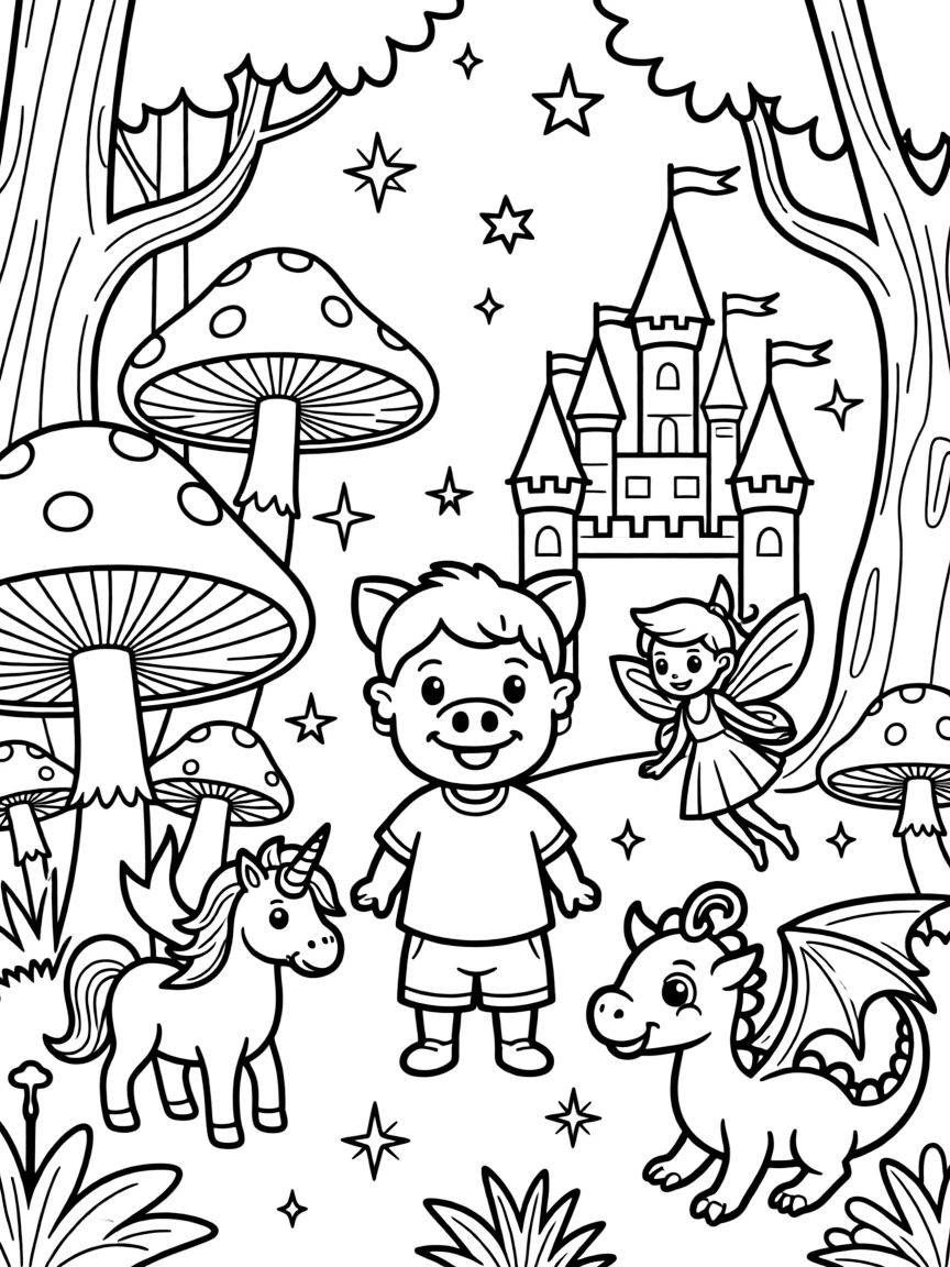 A fantasy background of George Pig in a magical forest or castle, with sparkles and mystical creatures.