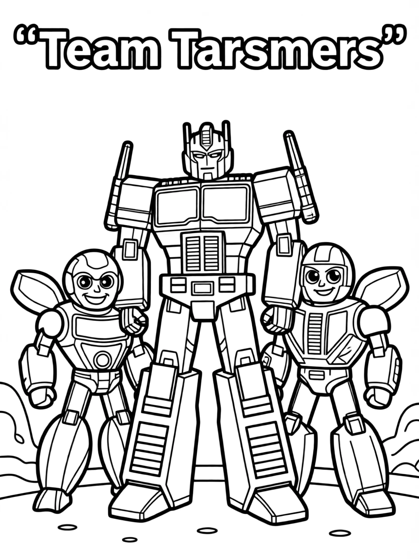 A group coloring page featuring Optimus Prime with other characters from the same show or movie.