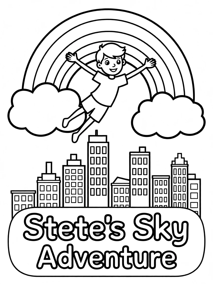 Steve flying through the clouds with a rainbow behind and city skyline below.