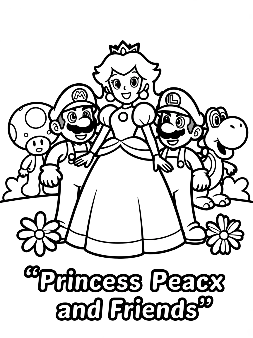 A group coloring page featuring Princess Peach with other characters from the same show or movie.