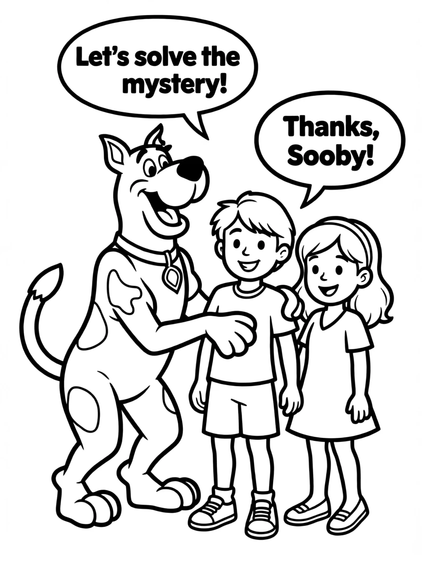 A cartoon-style drawing of Scooby-Doo helping friends, with speech bubbles and cheerful faces.