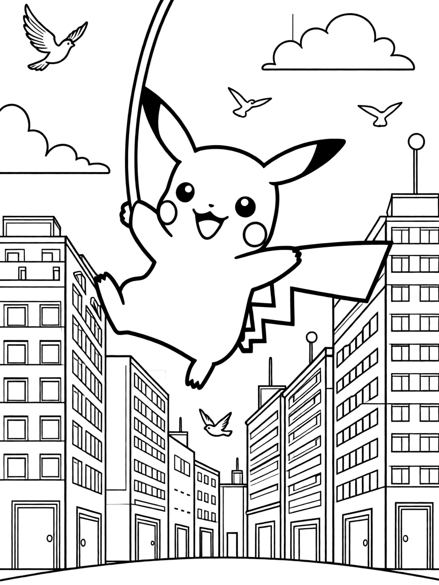 A fun and detailed coloring page of Pikachu swinging through a city full of tall buildings and birds.