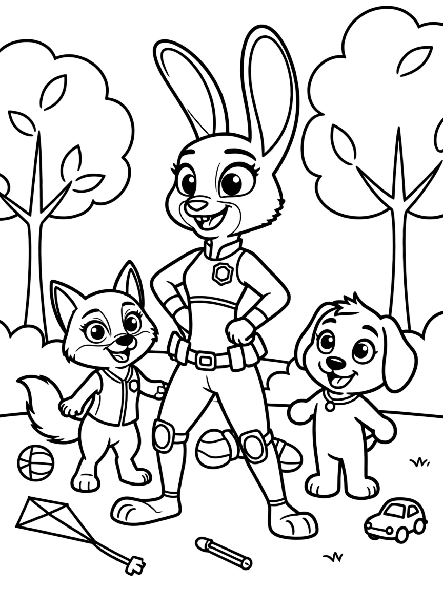 Judy Hopps smiling and posing with their sidekicks, surrounded by trees, toys, or fun backgrounds.