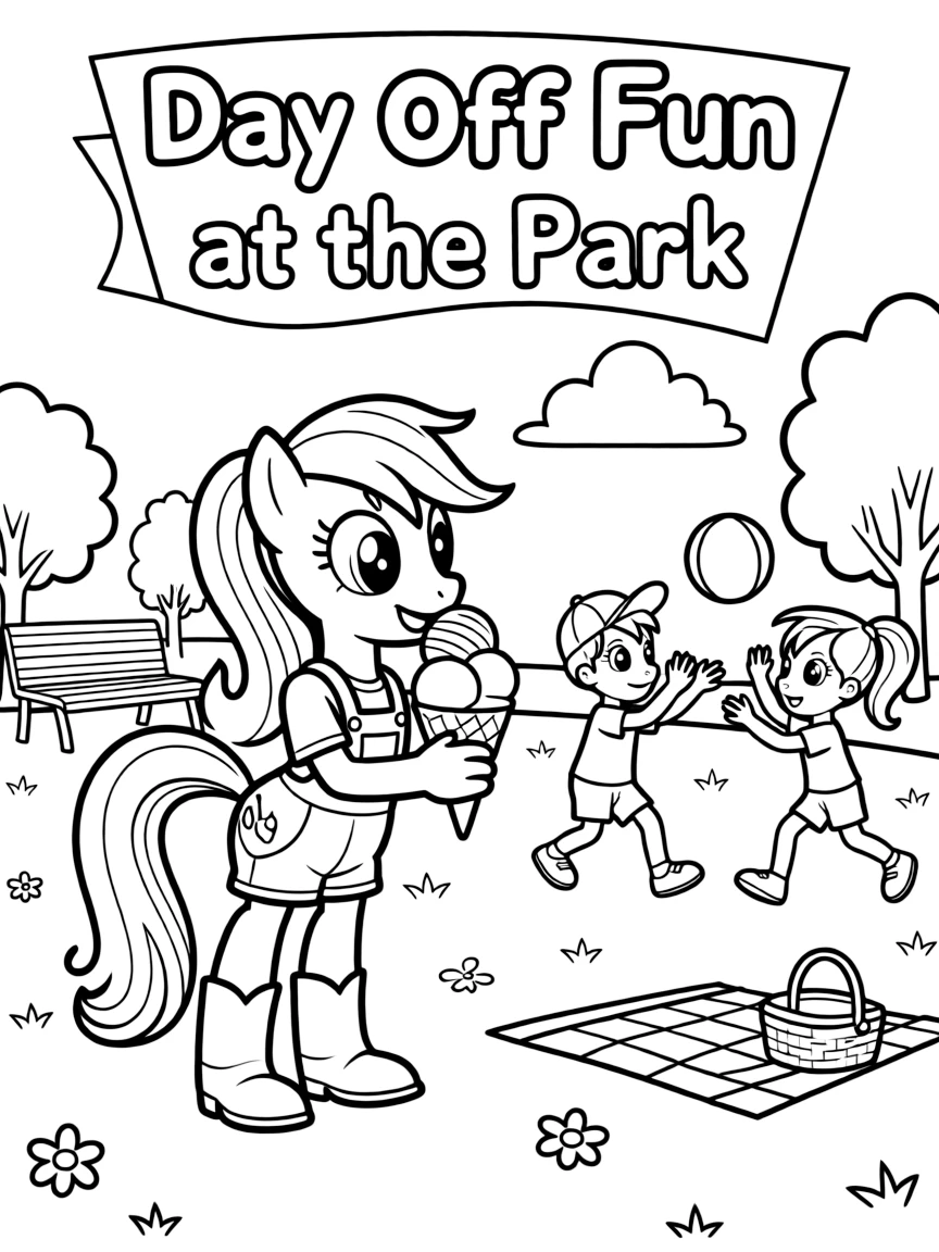 Applejack enjoying a day off, eating ice cream or playing with friends in a park setting.