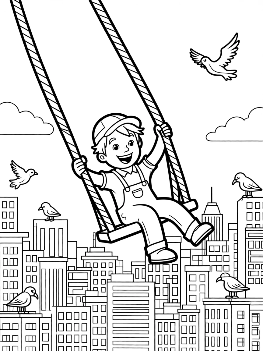 A fun and detailed coloring page of Rubble swinging through a city full of tall buildings and birds.