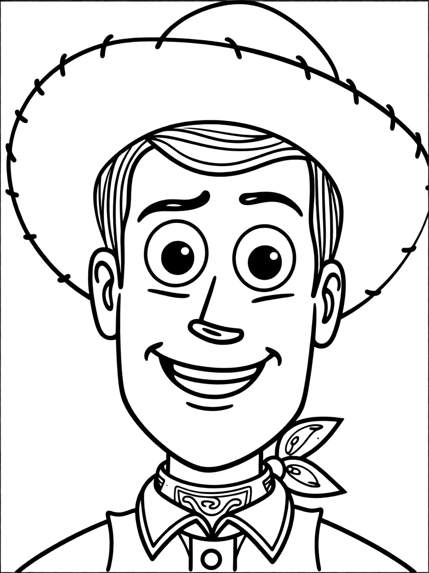 A close-up of Woody's face in bold lines with expressive eyes and detailed costume elements.