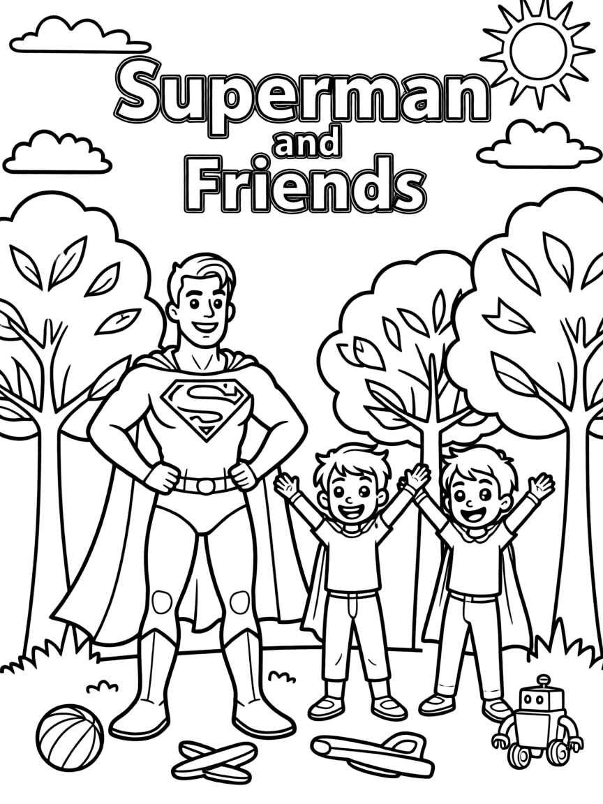 Superman smiling and posing with their sidekicks, surrounded by trees, toys, or fun backgrounds.
