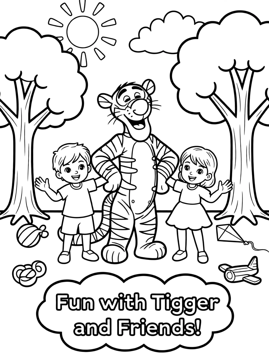 Tigger smiling and posing with their sidekicks, surrounded by trees, toys, or fun backgrounds.