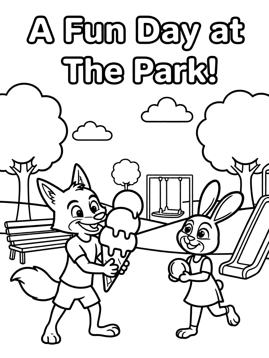 Zootopia enjoying a day off, eating ice cream or playing with friends in a park setting.