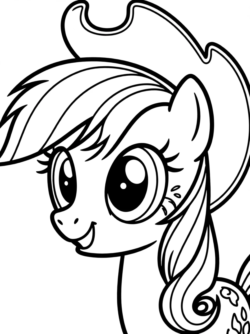 A close-up of Applejack's face in bold lines with expressive eyes and detailed costume elements.