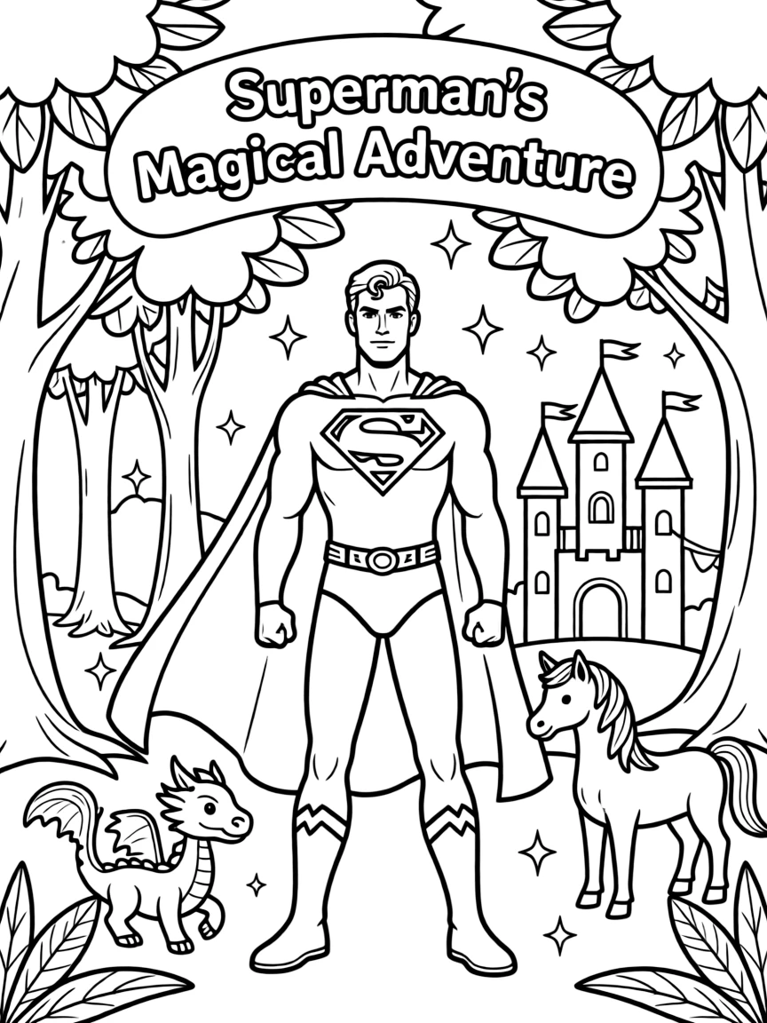 A fantasy background of Superman in a magical forest or castle, with sparkles and mystical creatures.