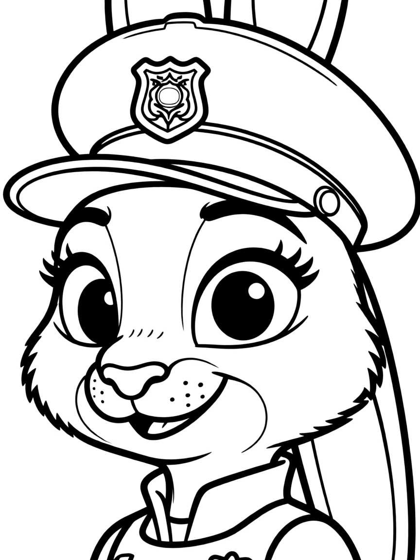 A close-up of Judy Hopps's face in bold lines with expressive eyes and detailed costume elements.