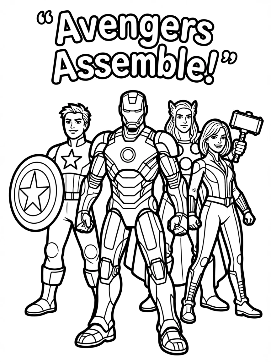 A group coloring page featuring Iron Man with other characters from the same show or movie.