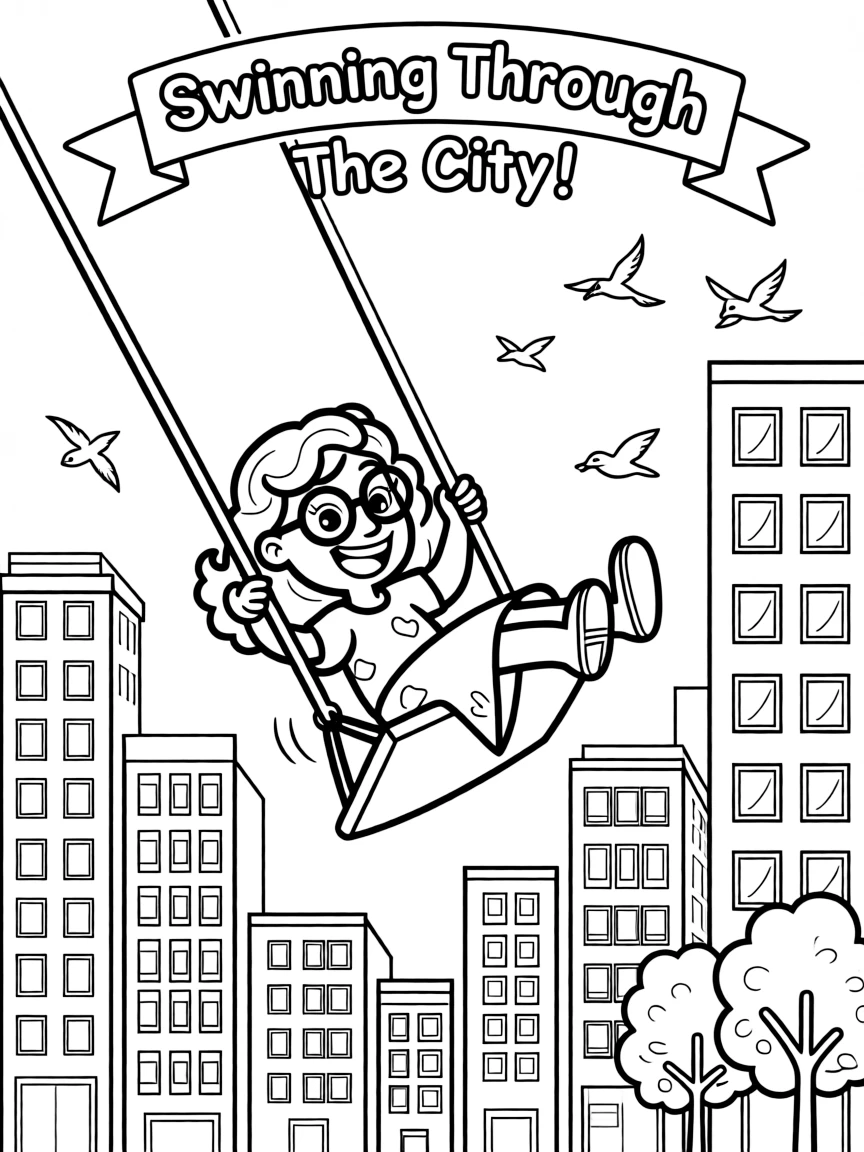 A fun and detailed coloring page of Mirabel swinging through a city full of tall buildings and birds.