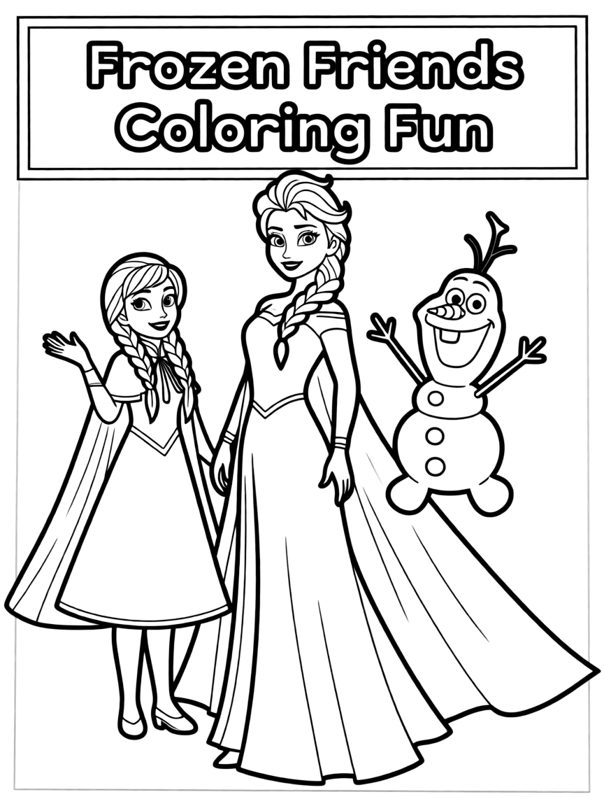 A group coloring page featuring Elsa with other characters from the same show or movie.