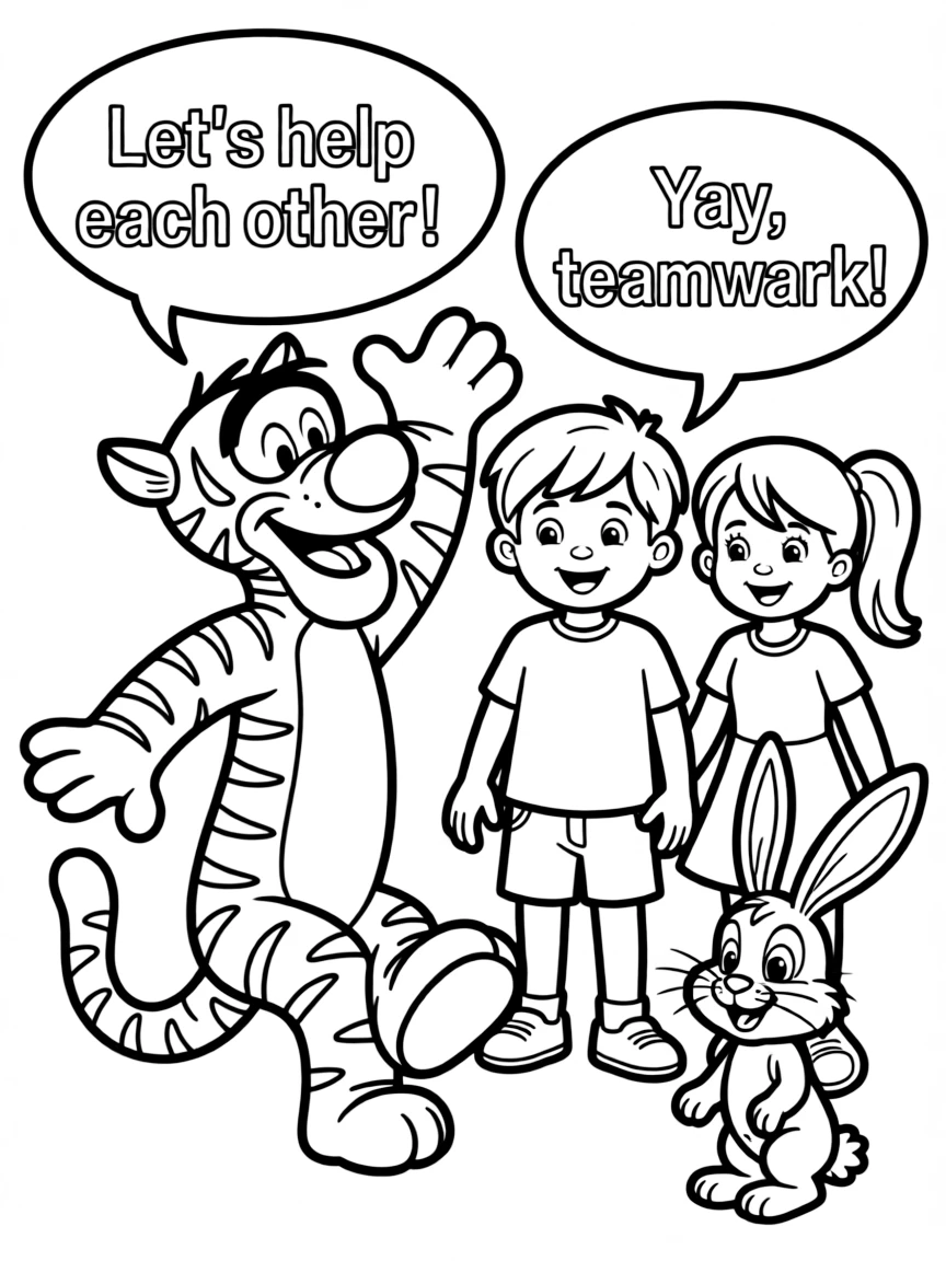 A cartoon-style drawing of Tigger helping friends, with speech bubbles and cheerful faces.