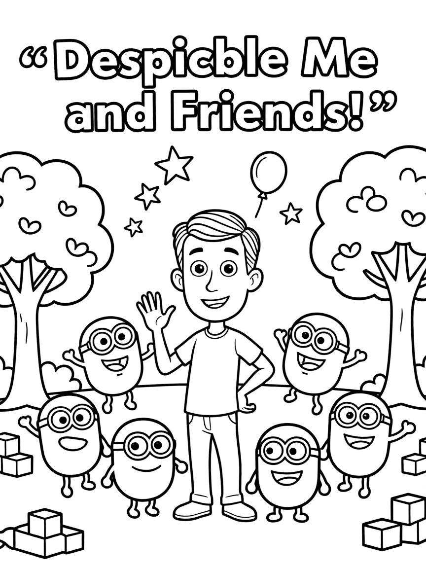 Despicable Me smiling and posing with their sidekicks, surrounded by trees, toys, or fun backgrounds.