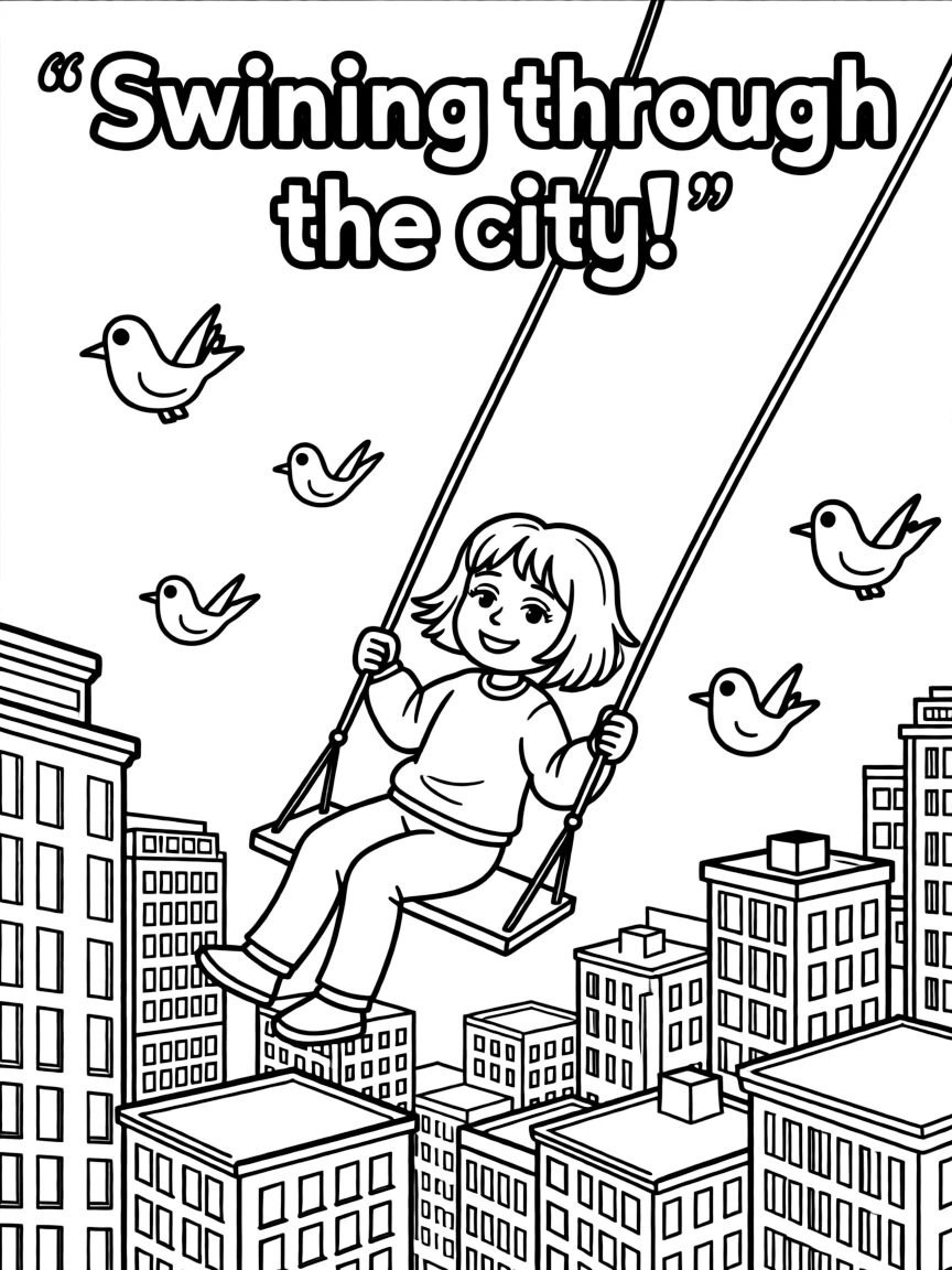 A fun and detailed coloring page of Sadness swinging through a city full of tall buildings and birds.