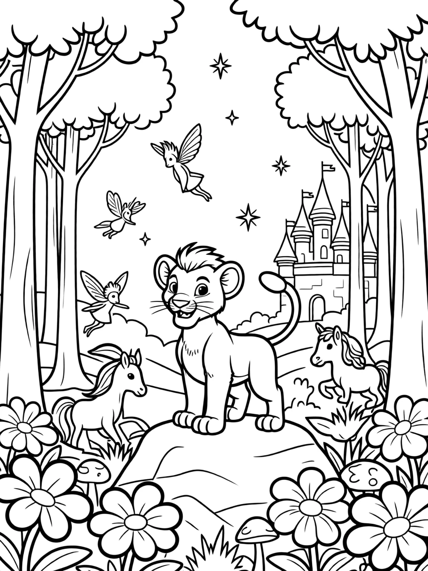 A fantasy background of The Lion King in a magical forest or castle, with sparkles and mystical creatures.