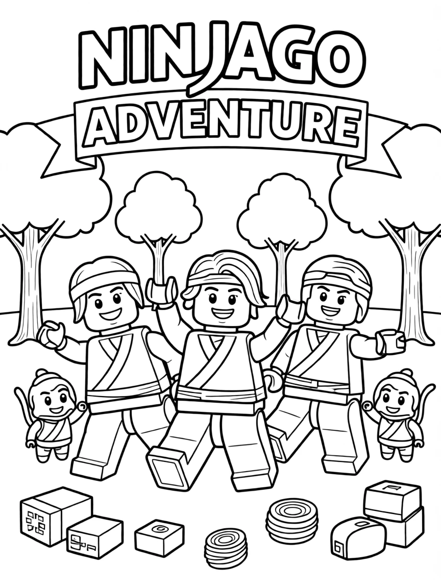 Lego Ninjago smiling and posing with their sidekicks, surrounded by trees, toys, or fun backgrounds.
