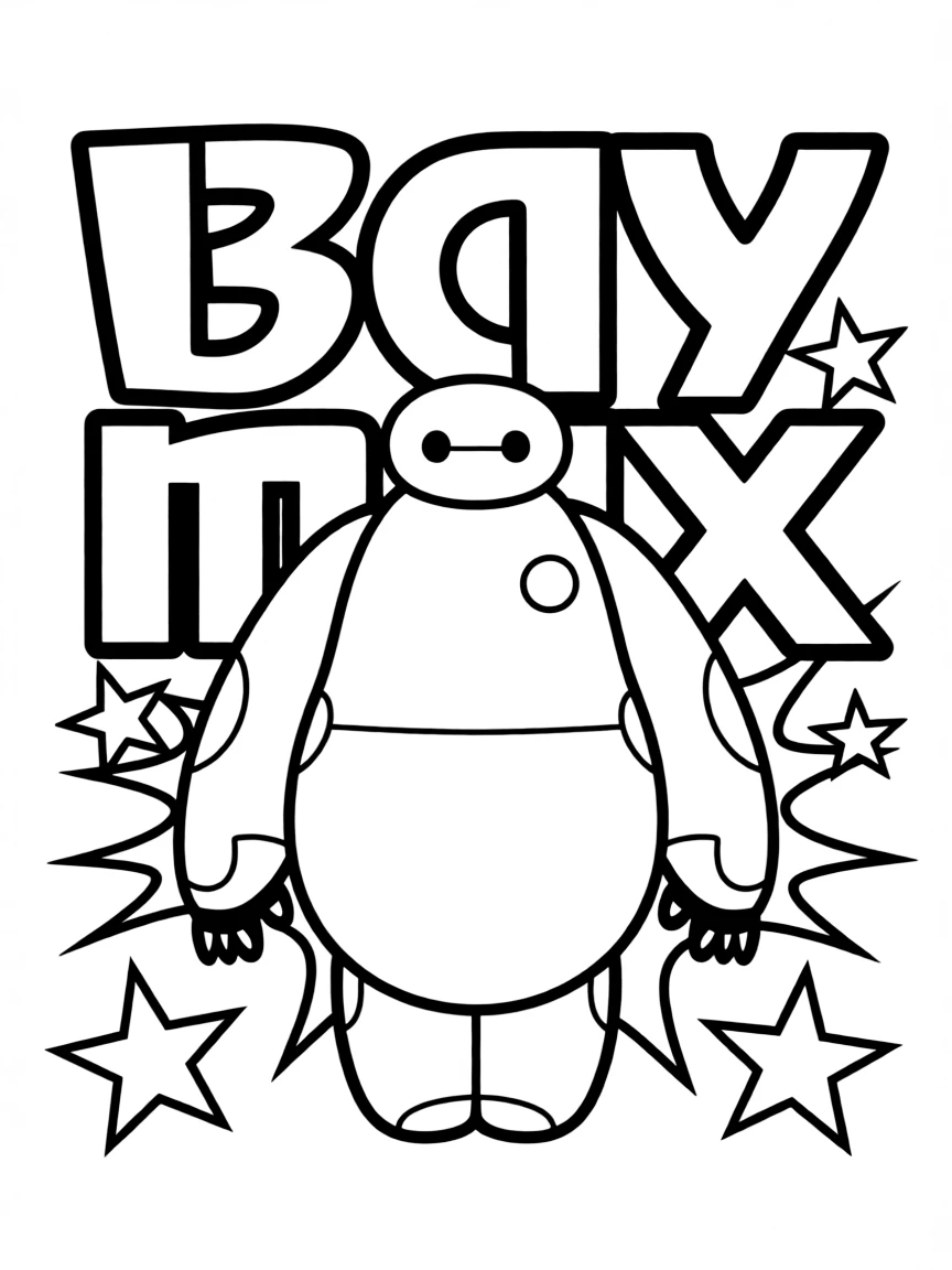 Baymax standing proudly in front of their iconic logo with stars and comic-style effects around.