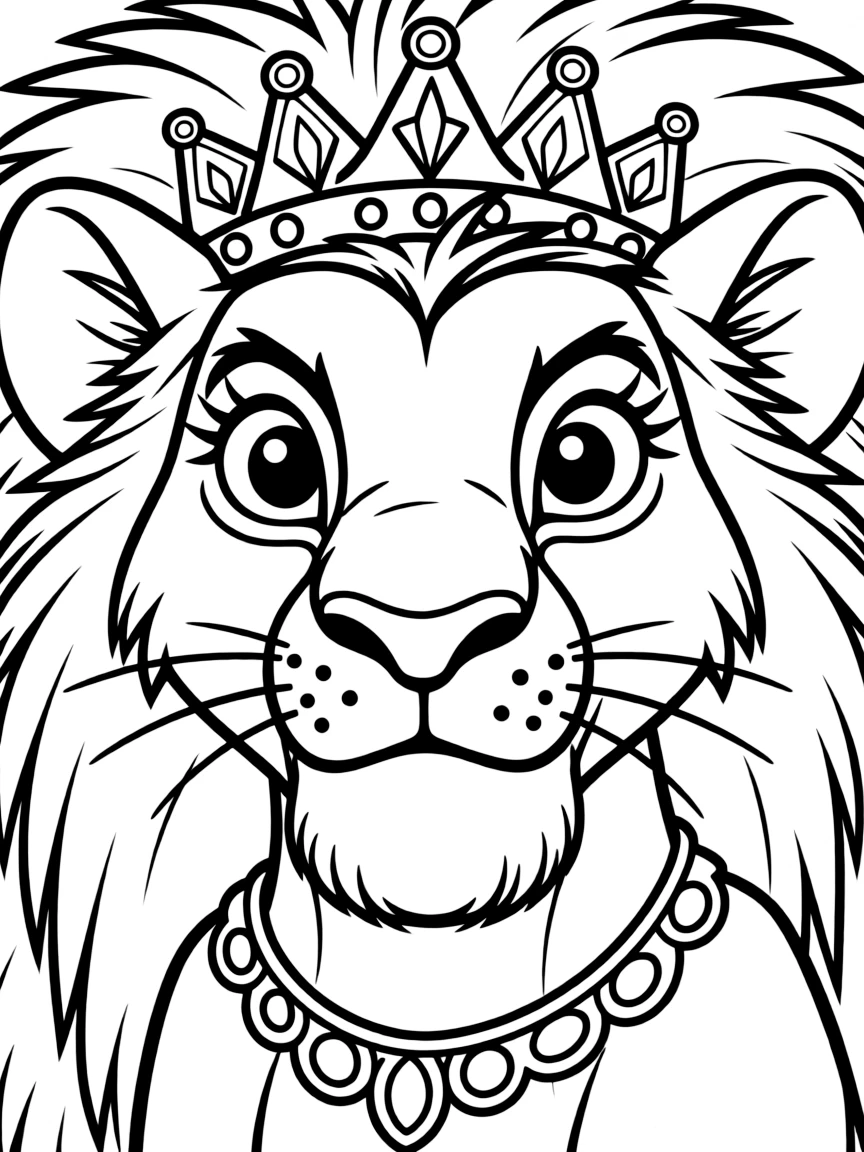 A close-up of Simba's face in bold lines with expressive eyes and detailed costume elements.