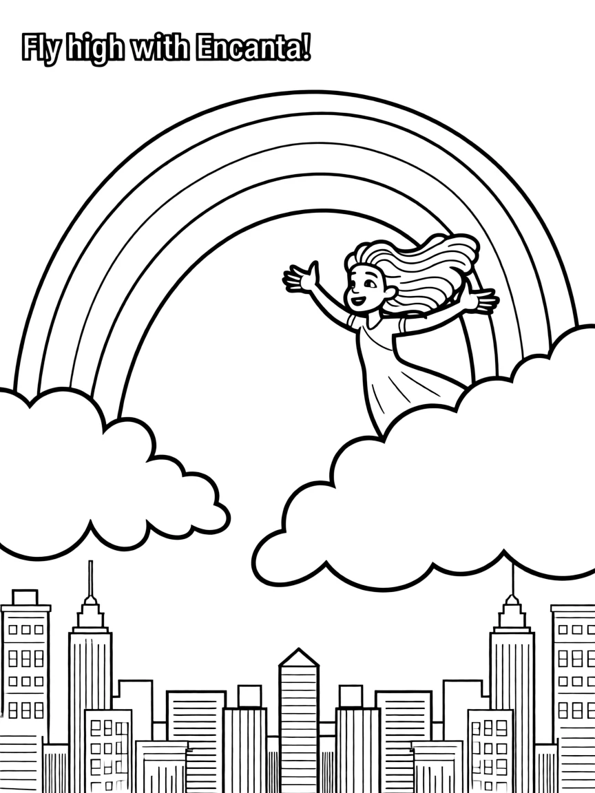 Encanto flying through the clouds with a rainbow behind and city skyline below.