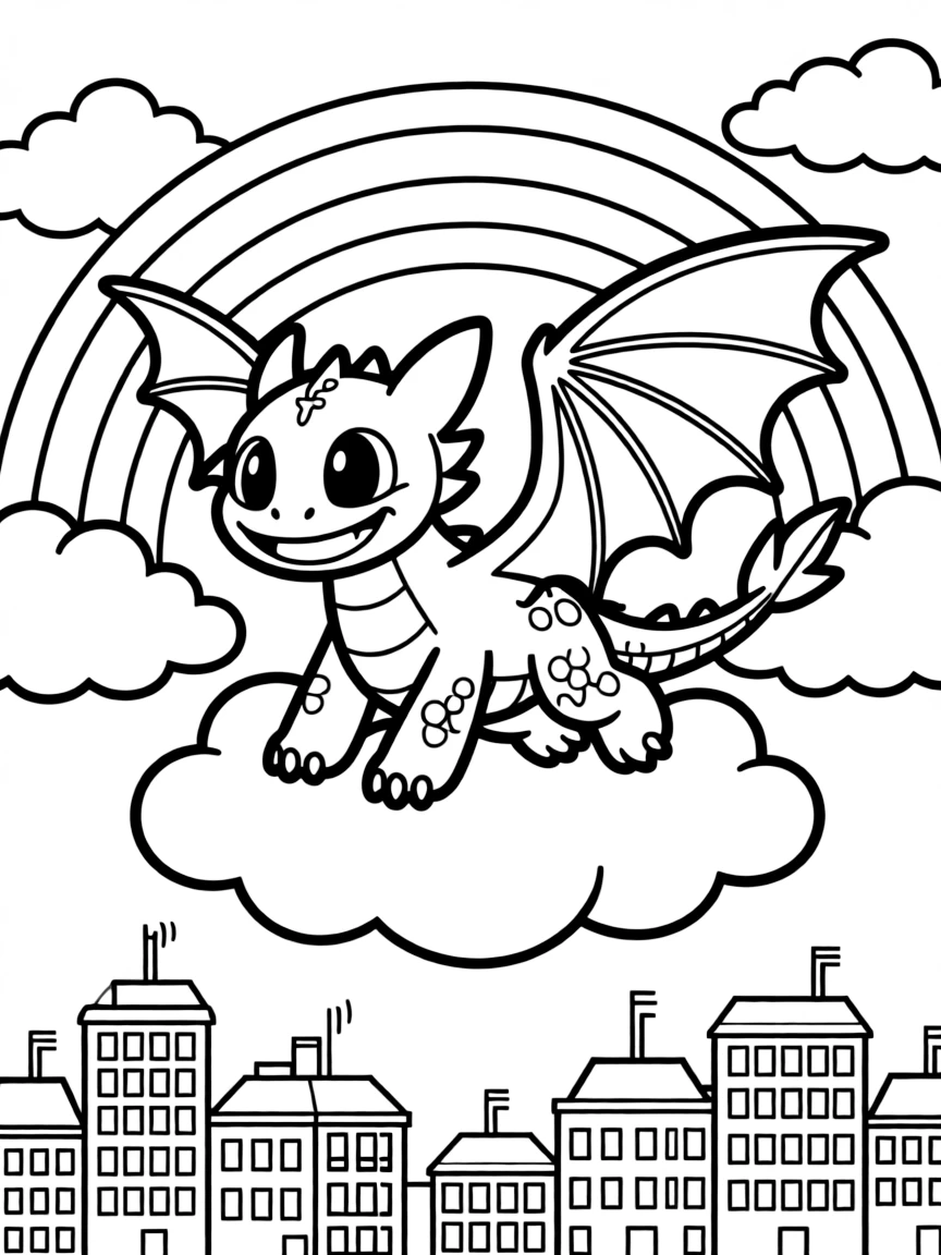 Toothless flying through the clouds with a rainbow behind and city skyline below.