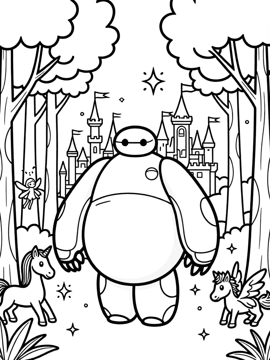 A fantasy background of Baymax in a magical forest or castle, with sparkles and mystical creatures.