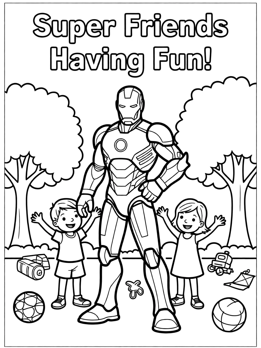 Iron Man smiling and posing with their sidekicks, surrounded by trees, toys, or fun backgrounds.