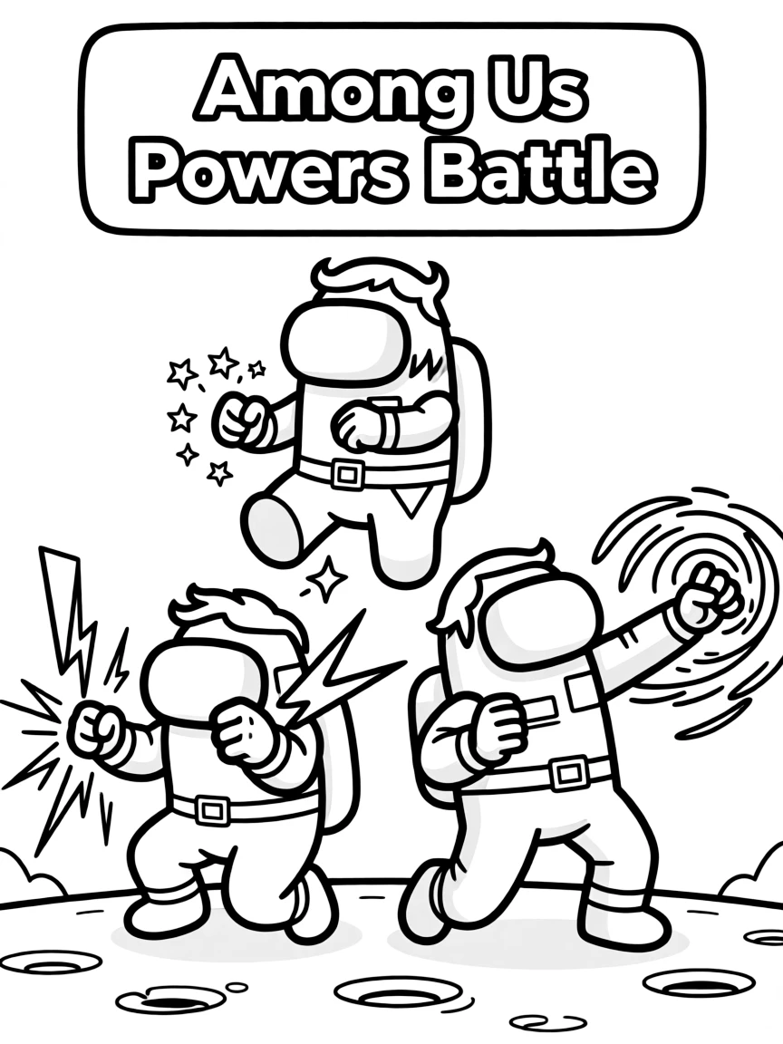 An action-packed scene of Among Us using their special powers in a dramatic battle pose.