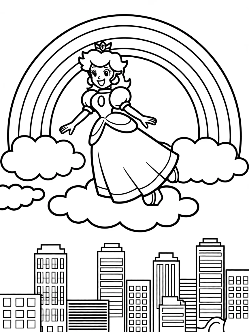Princess Peach flying through the clouds with a rainbow behind and city skyline below.